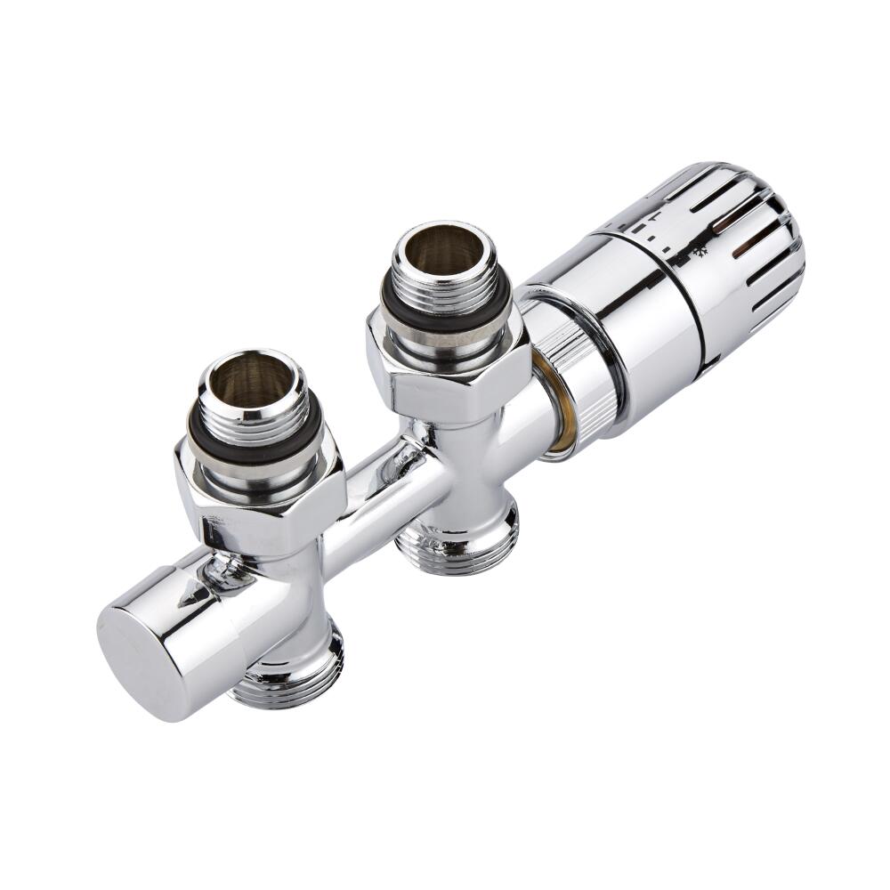 Radiatorkraan Thermostatisch Onderblok Middenaansluiting Recht Chroom met 16mm Adapters