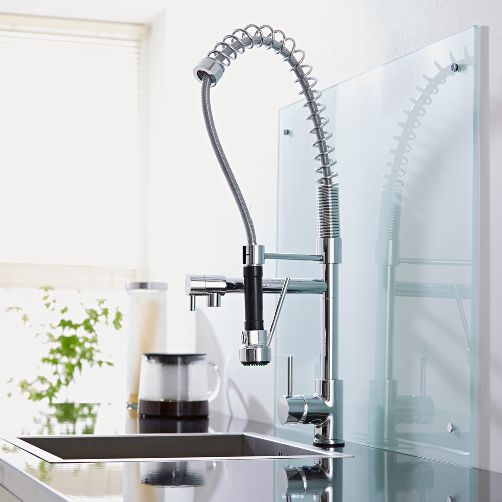 1-greeps Keukenmengkraan met tussenkraan & voorspoel-douche - Chroom