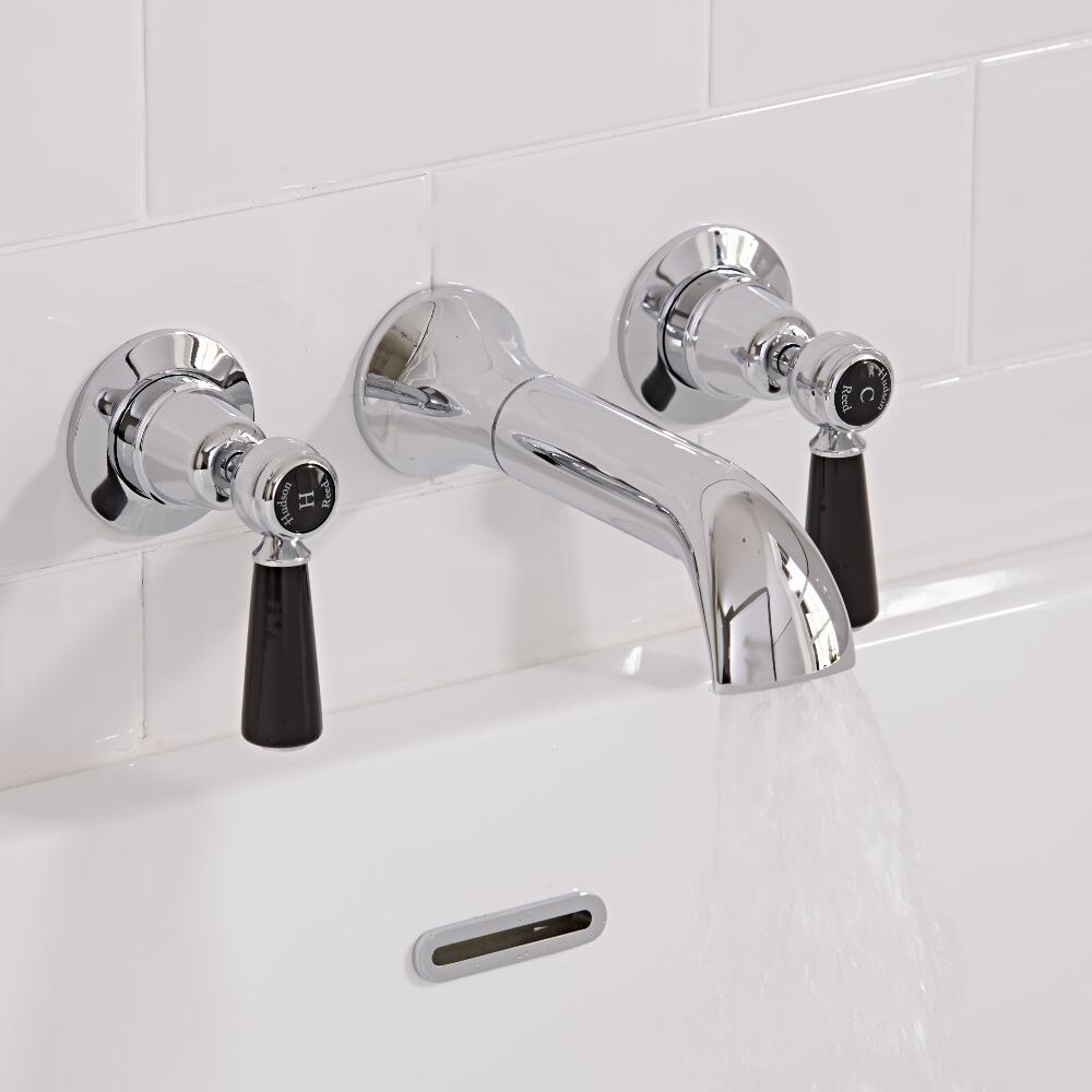 Topaz 3-gats Wandkraan met Zwarte Keramische Aanduidingen - Steel Handvat ( geschikt voor bad en wastafel)