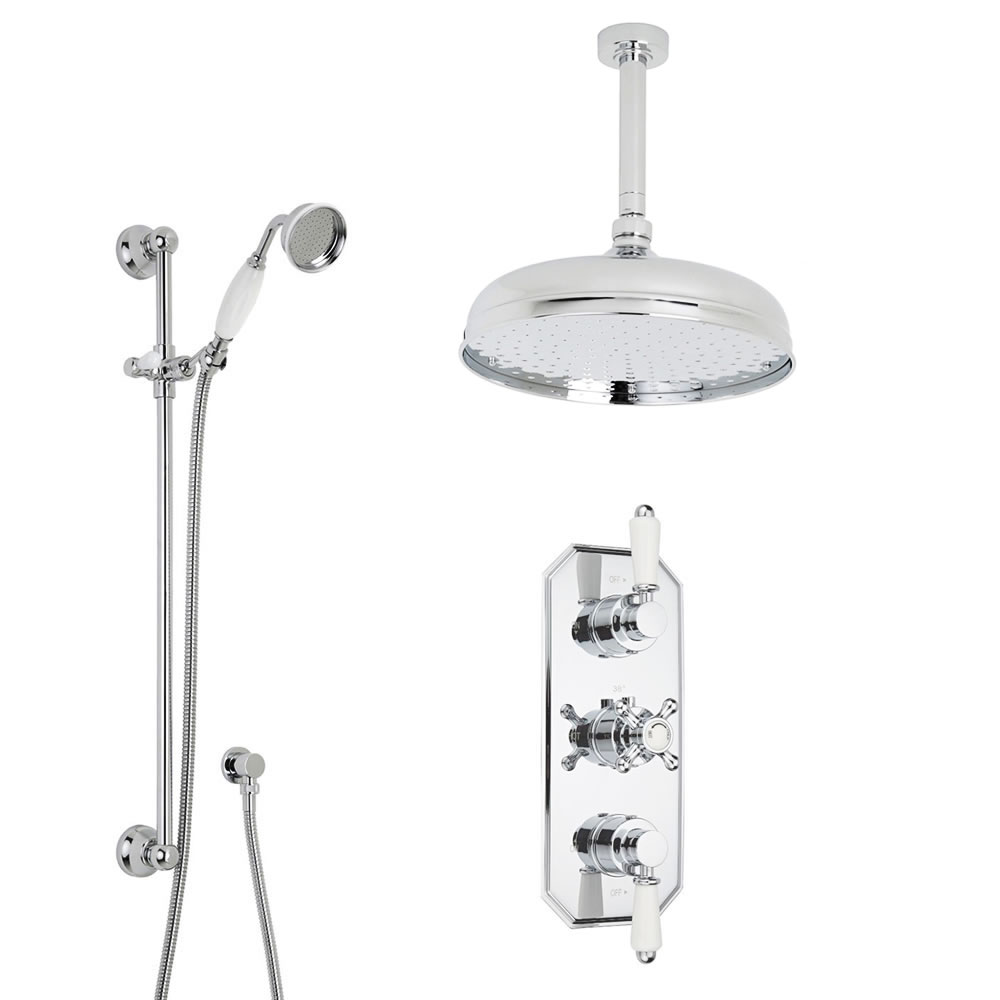 Kristal Triple 2-weg Traditionele Inbouw Thermostaatkraan met plafond douche-arm en hoofddouche(d