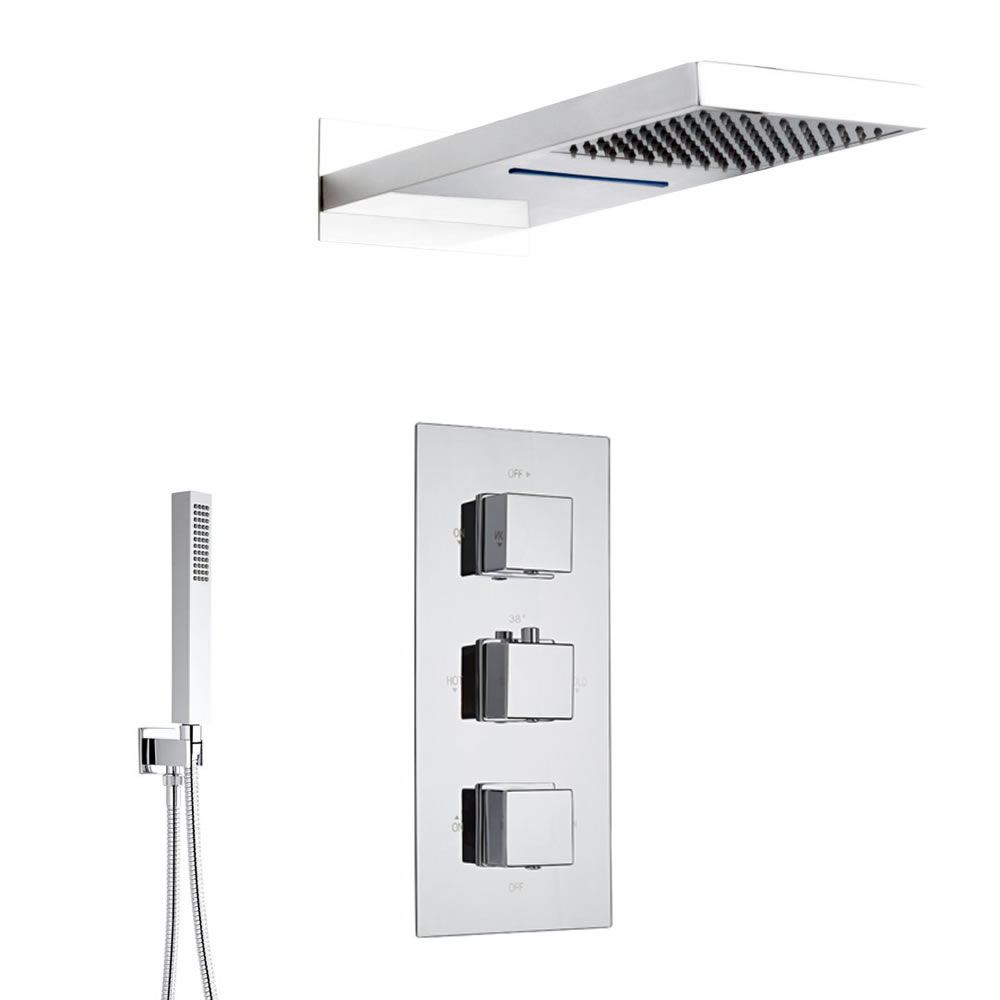 Kubix 3-weg thermostatisch doucheset met omstelkraan met waterval/regen douchekop