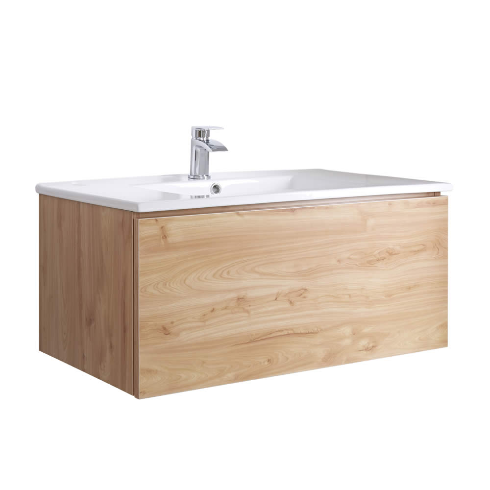 Newington Hangend Wastafelmeubel Goud Eiken incl. Keramische Wasbak - 80 x 35cm