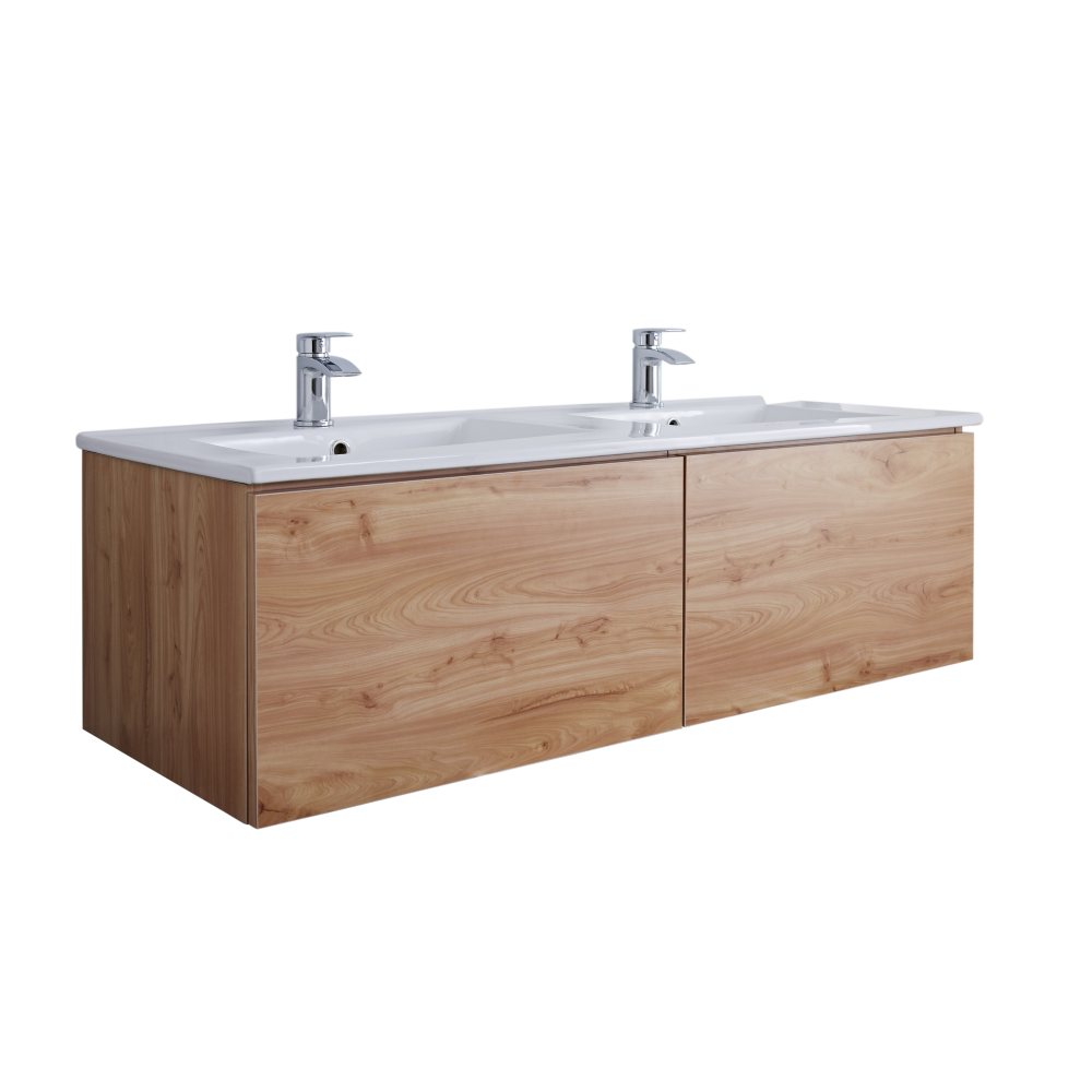 Newington Hangend 2-Persoons Wastafelmeubel Goud Eiken incl. Keramische Wasbak - 120 x 35cm