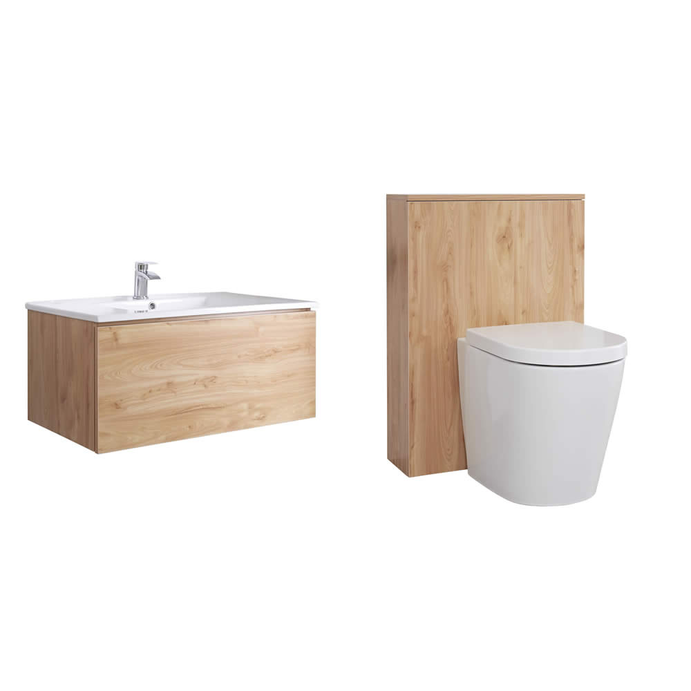 Newington Hangend Wastafelmeubel 80cm Goud Eiken incl. Keramische Wasbak - Toilet Ombouw & Staand Toilet