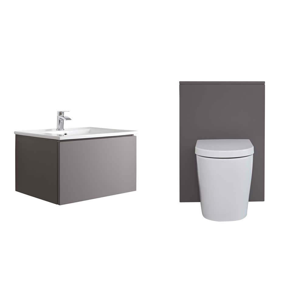 Newington Hangend Wastafelmeubel 60cm Mat Grijs incl. Keramische Wasbak - Toilet Ombouw & Staand Toilet