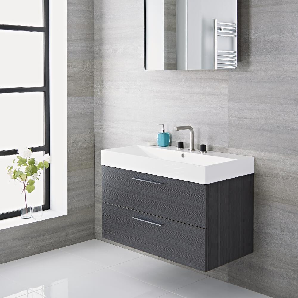 Langley 900 x 480 x 600mm Hangend Wastafelmeubel met een Polymarmer Wasbak - Grijs