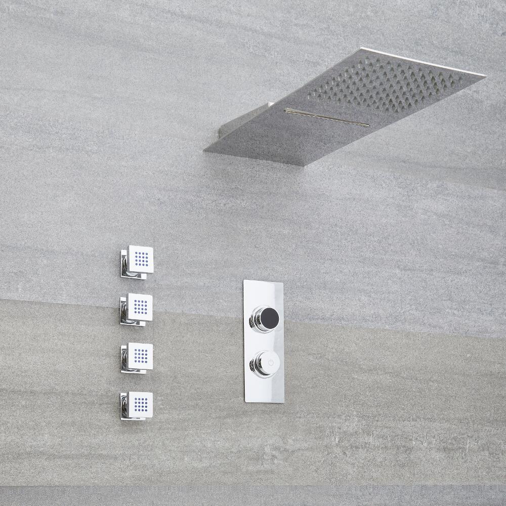 Narus - 3-weg Digitale Thermostaatkraan + Regen en Waterval Douchekop Rond & Bodyjets