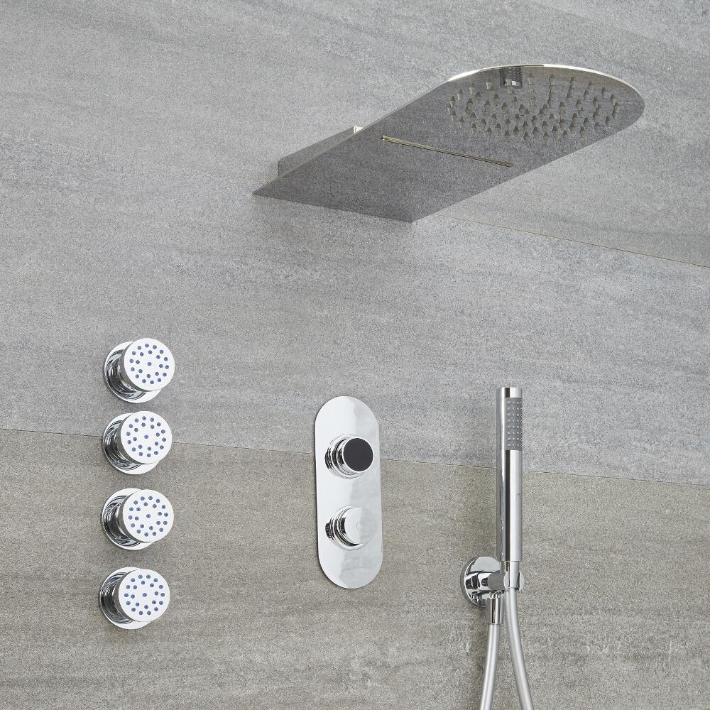 Narus - 3-weg Digitale Thermostaatkraan + Regen en Waterval Douchekop Vierkant & Handdouche Combi