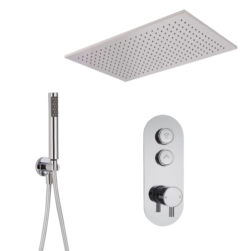 Idro 2-weg Thermostatische Drukknop Douchekraan Handouche Combi & 80cm Verzonken Plafond Douchekop