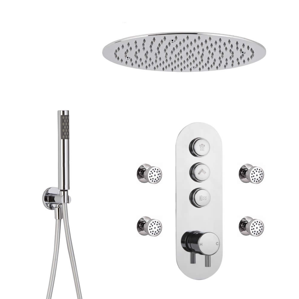 Idro 3-weg Thermostatische Drukknop Douchekraan Handdouchecombi & d.40cm Verzonken Plafond Douchekop & Bodyjets
