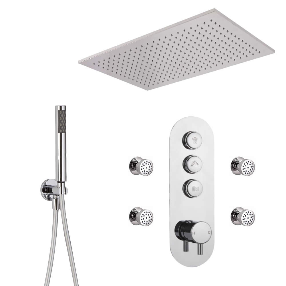Idro 3-weg Thermostatische Drukknop Douchekraan Handdouchecombi & 80cm Verzonken Plafond Douchekop & Bodyjets