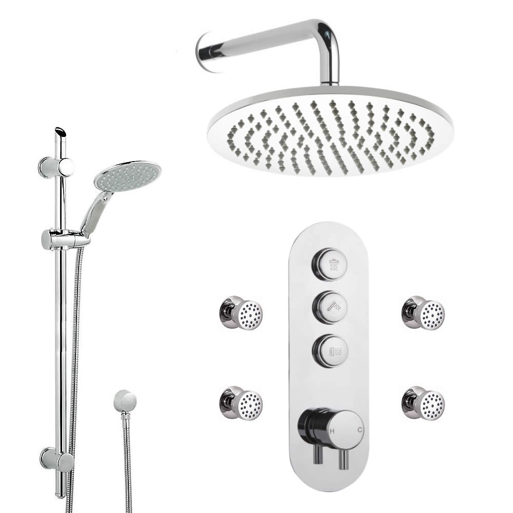 Idro 3-weg Thermostatische Drukknop Douchekraan Glijstanguitrusting & d.30cm Douchekop & Bodyjets