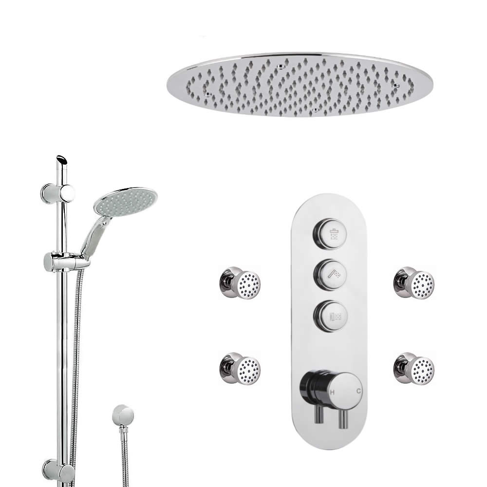 Idro 3-weg Thermostatische Drukknop Douchekraan Handdouchecombi d.40cm Verzonken Douchekop 4 x Bodyjets