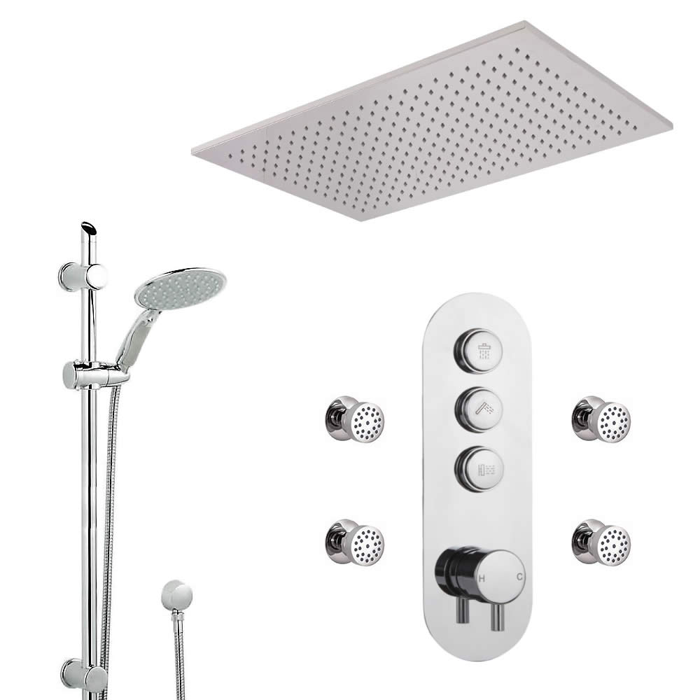 Idro 3-weg Thermostatische Drukknop Douchekraan Handdouchecombi & 80cm Verzonken Plafond Douchekop & Bodyjets
