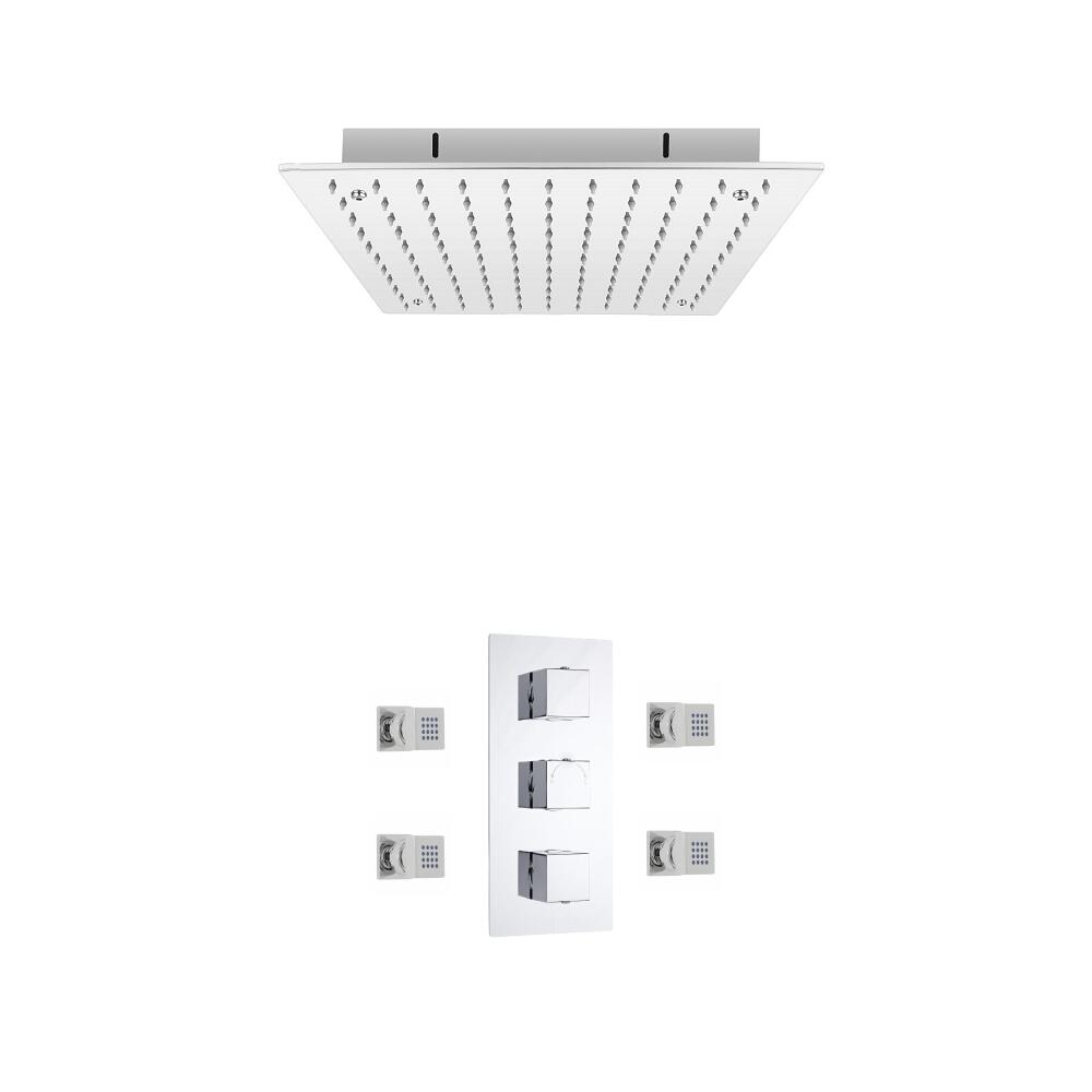 Hudson Reed vierkante 3 weg thermostatische douchekraan, 400mm inbouwdouchekop en bodyjets