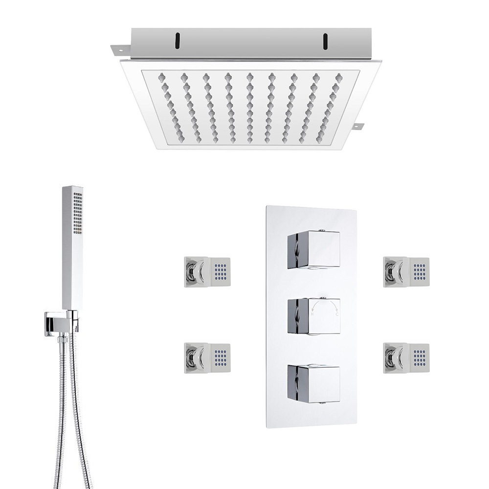 Vierkante Thermostatische Douchekraan, 28cm Inbouw Douchekop, Handdouche & Bodyjets