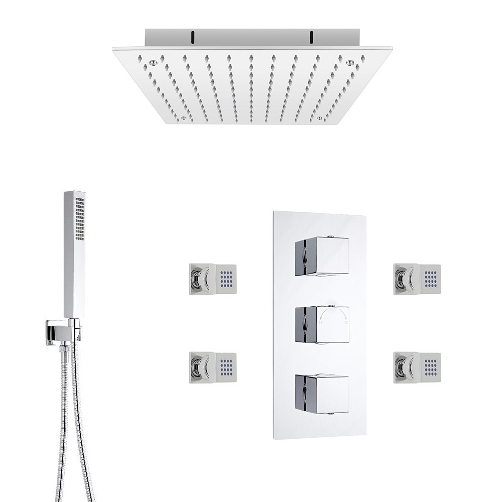 Vierkante Thermostatische Douchekraan, 40cm Inbouw Douchekop, Handdouche & Bodyjets