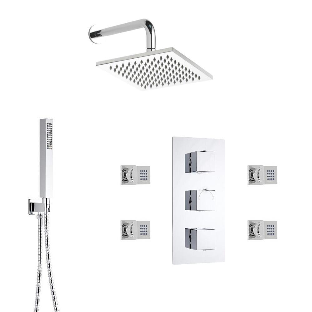 Vierkante Thermostatische Douchekraan, 20cm douchekop, Wand bevestiging, Handdouche & Bodyjets