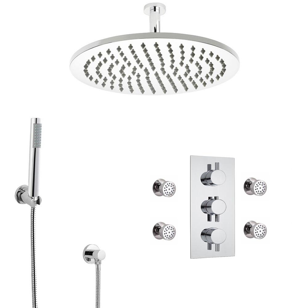Ronde Thermostatische Douchekraan, 30cm douchekop, plafond bevestiging, handdouche en bodyjets