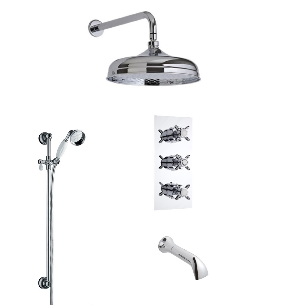 Klassieke 3-Weg Inbouw thermostaatkraan met Omstel, Handdouche 20cm Douchekop Baduitloop