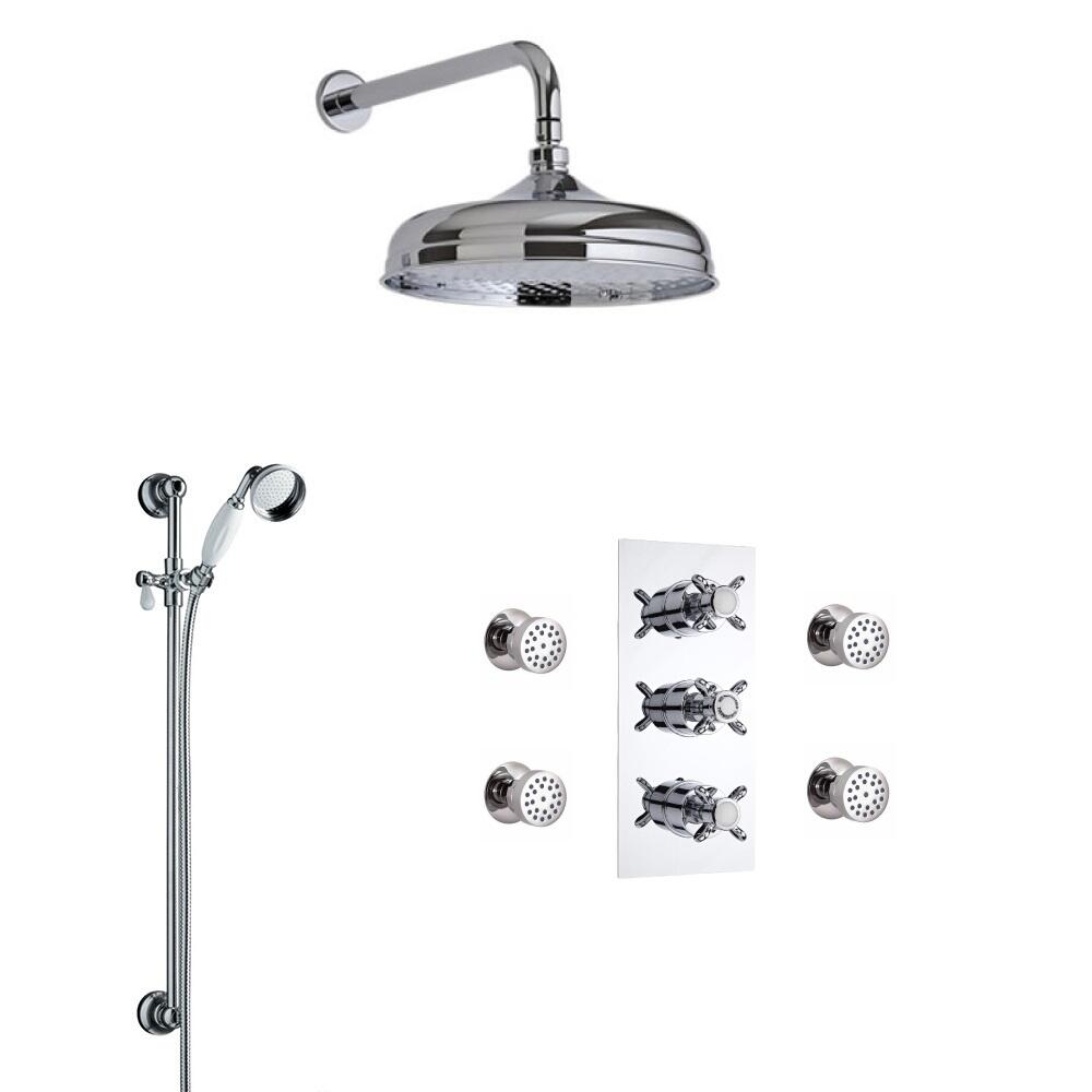 Klassieke 3-Weg Inbouw thermostaatkraan met Omstel, Handdouche 15cm Douchekop 4 Bodyjets