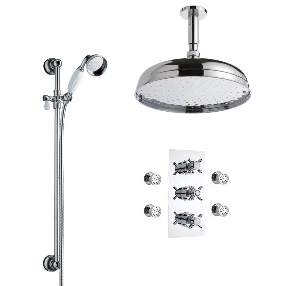 Hudson Reed traditionele thermostatische douchekraan , 300mm douchekop, plafondbevestiging, glijstangset en bodyjets