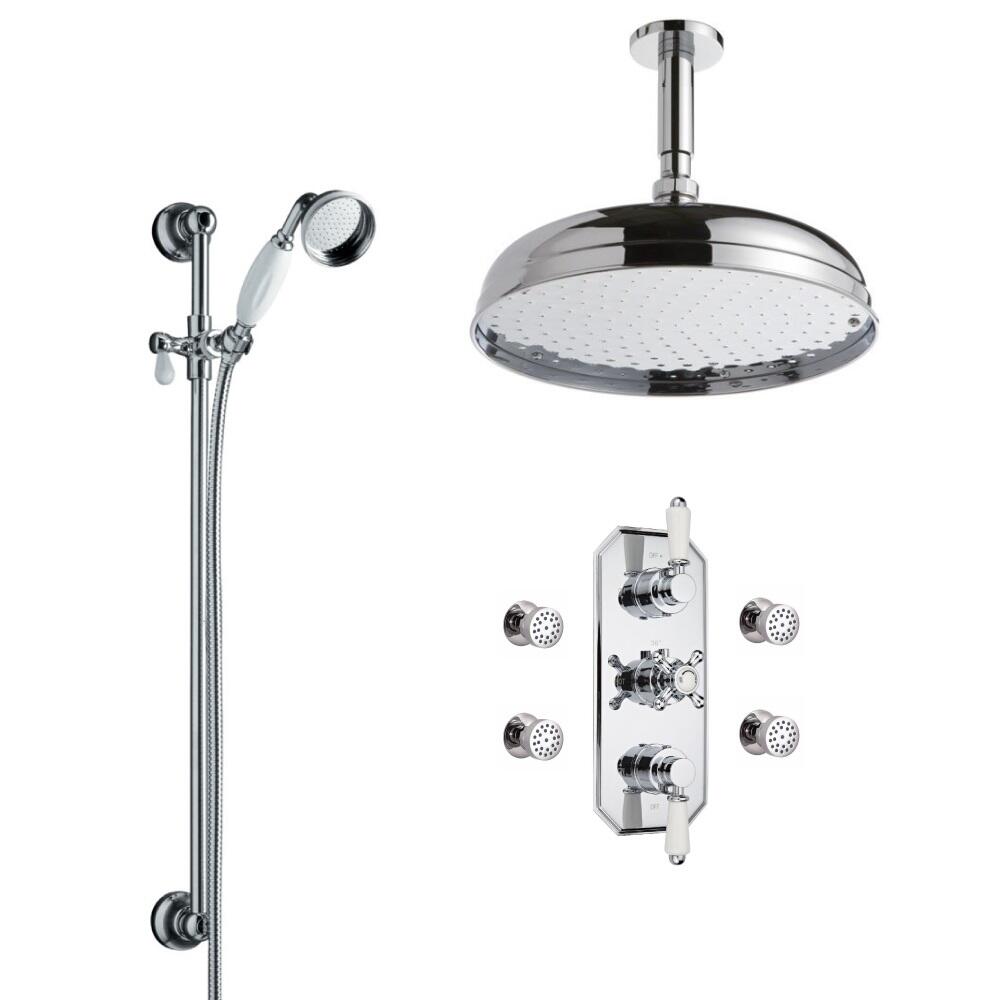 Hudson Reed traditionele thermostatische douchekraan, 300mm douchekop, plafondbevestiging, glijstangset en bodyjets