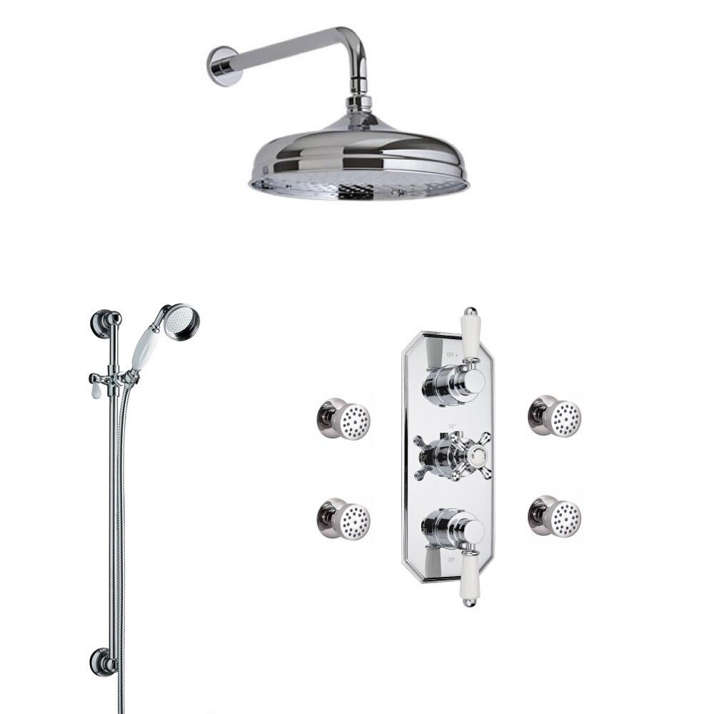 Traditionele Thermostatische Douchekraan, 20cm Douchekop, Wand bevestiging, Glijstang, Richtklep & Bodyjets