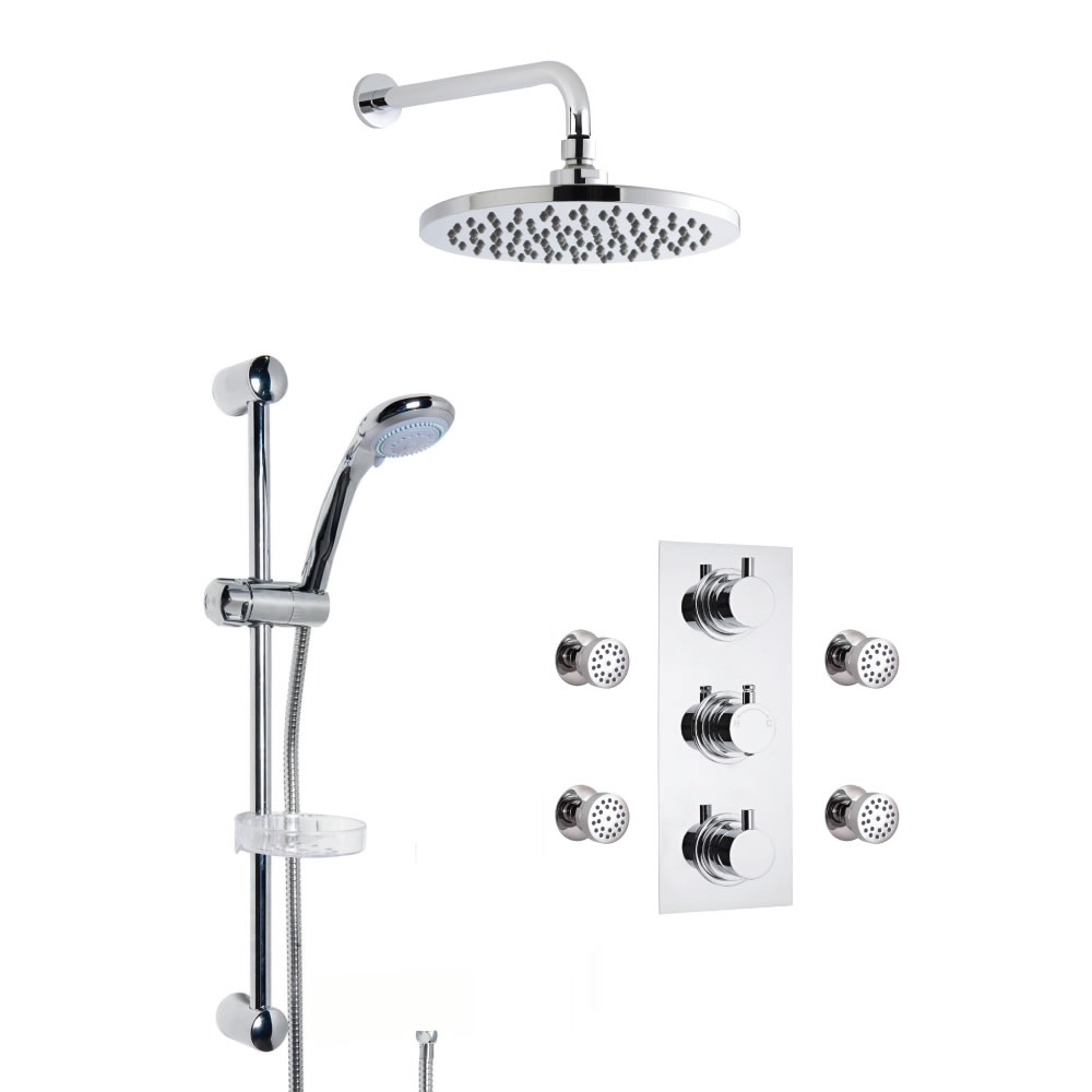 3-weg Inbouw Thermostaatkraan Rond met Omstel, d.30cm Regendouchekop, Glijstanguitrusting & Bodyjets
