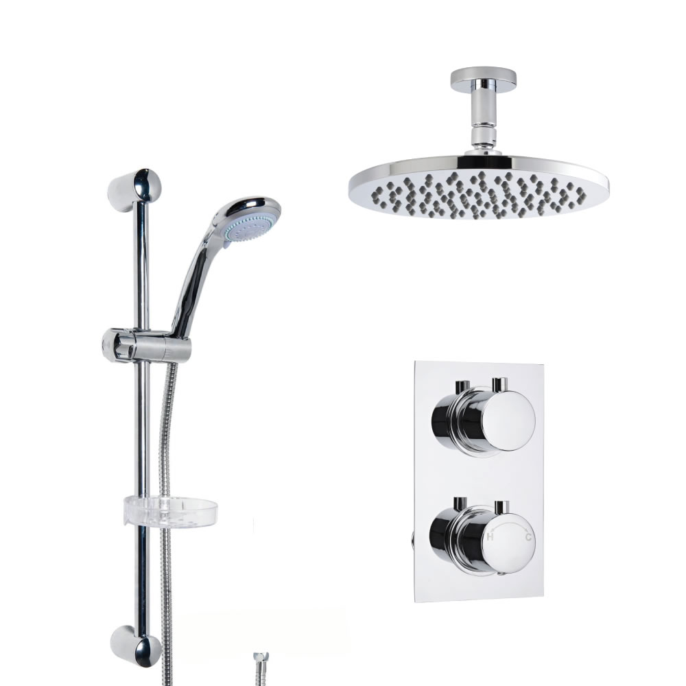 2-weg Inbouw Thermostaatkraan Rond met Omstelkraan d.30cm Plafond Regendouchekop en Glijstanguitrusting