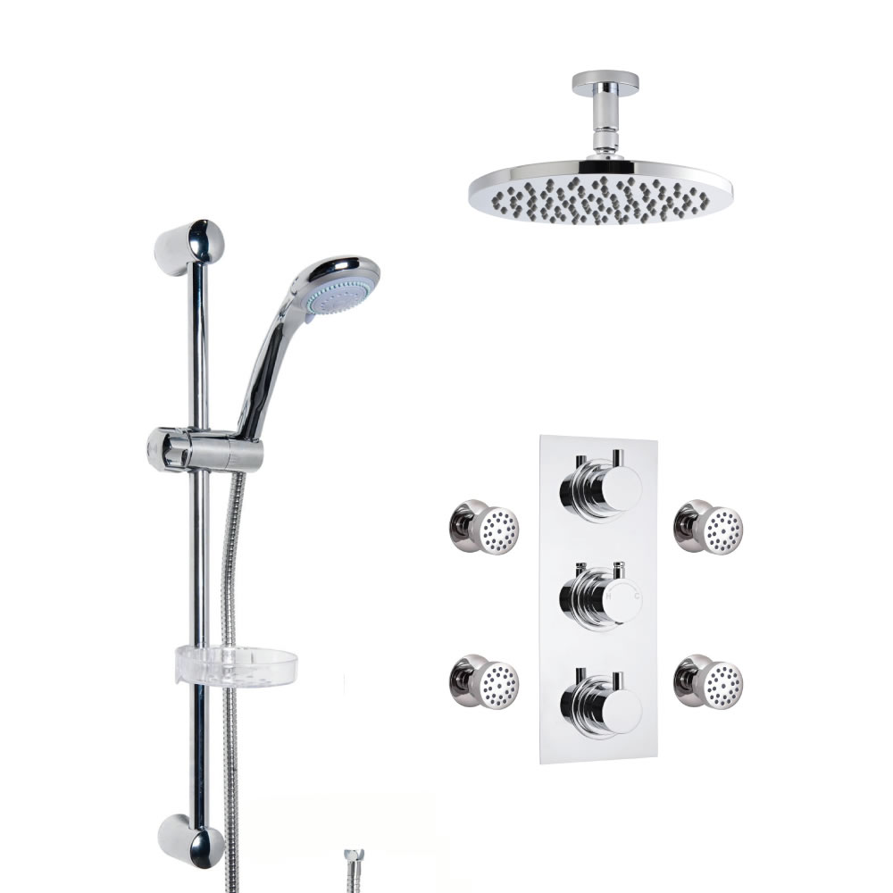 3-weg Inbouw Thermostaatkraan Rond met Omstel, d.30cm Plafond Regendouchekop, Glijstanguitrusting & Bodyjets