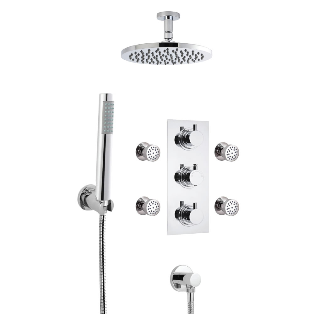 3-weg Inbouw Thermostaatkraan Rond met Omstel, d.30cm Regendouchekop & Plafondarm, Handdouchecombinatie & Bodyjets