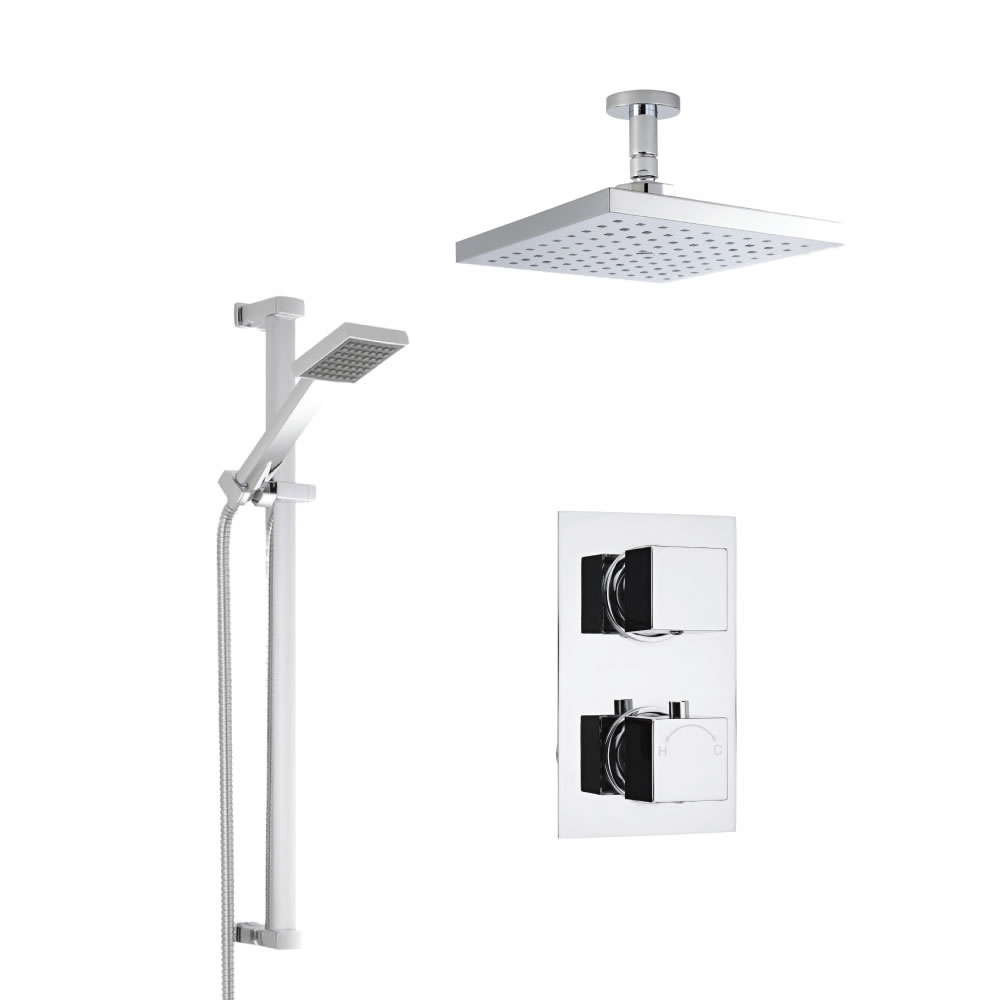 2-weg Inbouw Thermostaatkraan Vierkant met Omstelkraan 20 x 20cm Plafond Regendouchekop en Glijstanguitrusting