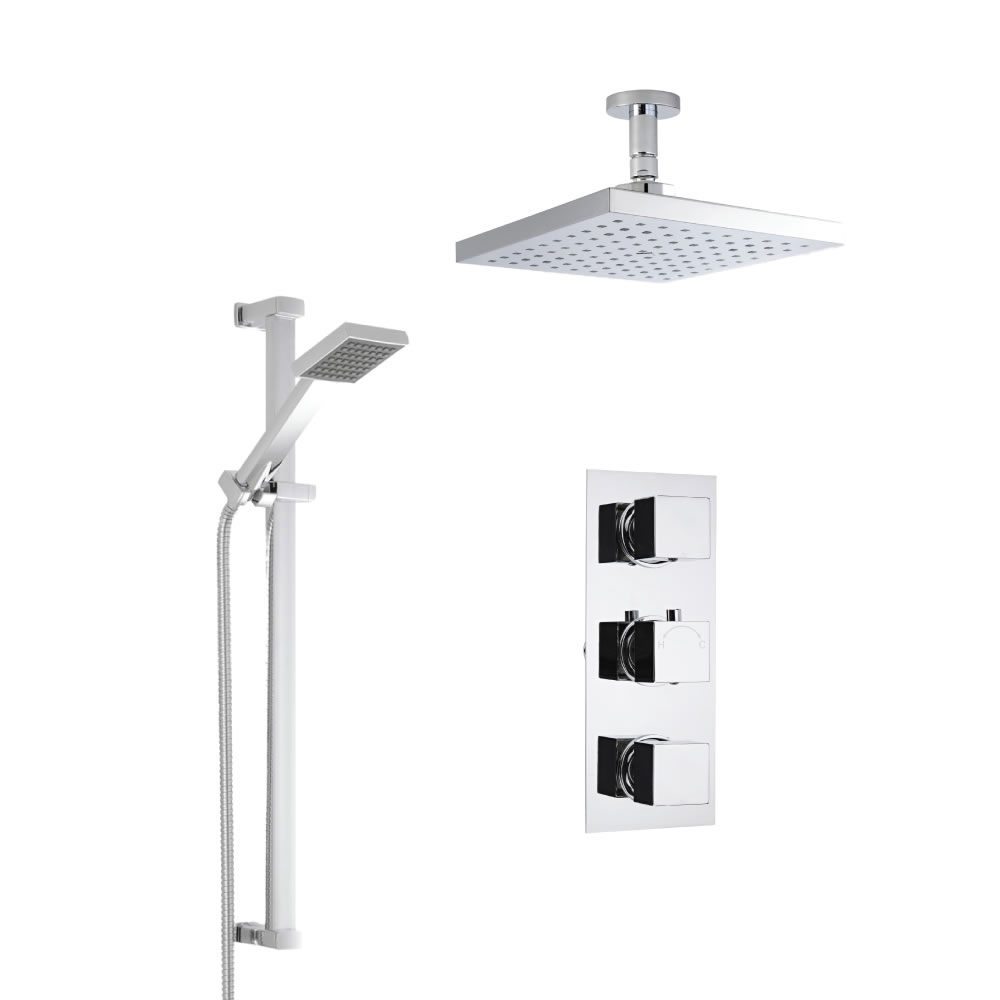 2-weg Inbouw Thermostaatkraan Vierkant, 20 x 20cm Regendouchekop met Plafond-arm & Glijstanguitrusting