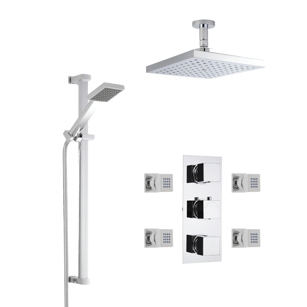 3-weg Inbouw Thermostaatkraan Vierkant met Omstel, 20 x 20 cm Plafond Regendouchekop, Glijstanguitrusting & Bodyjets