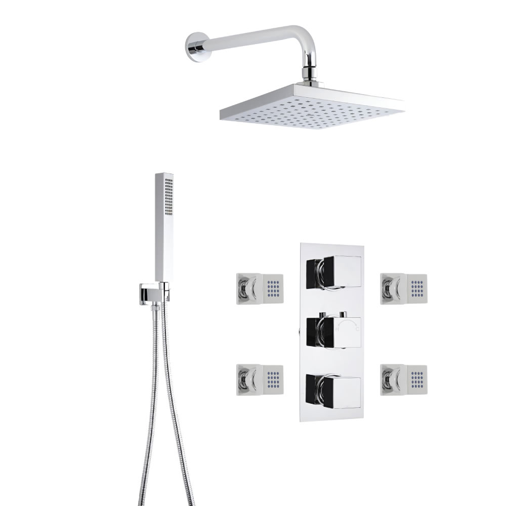 3-weg Inbouw Thermostaatkraan Vierkant met Omstel, 20 x 20 cm Regendouchekop, Handdouchecombinatie & Bodyjets