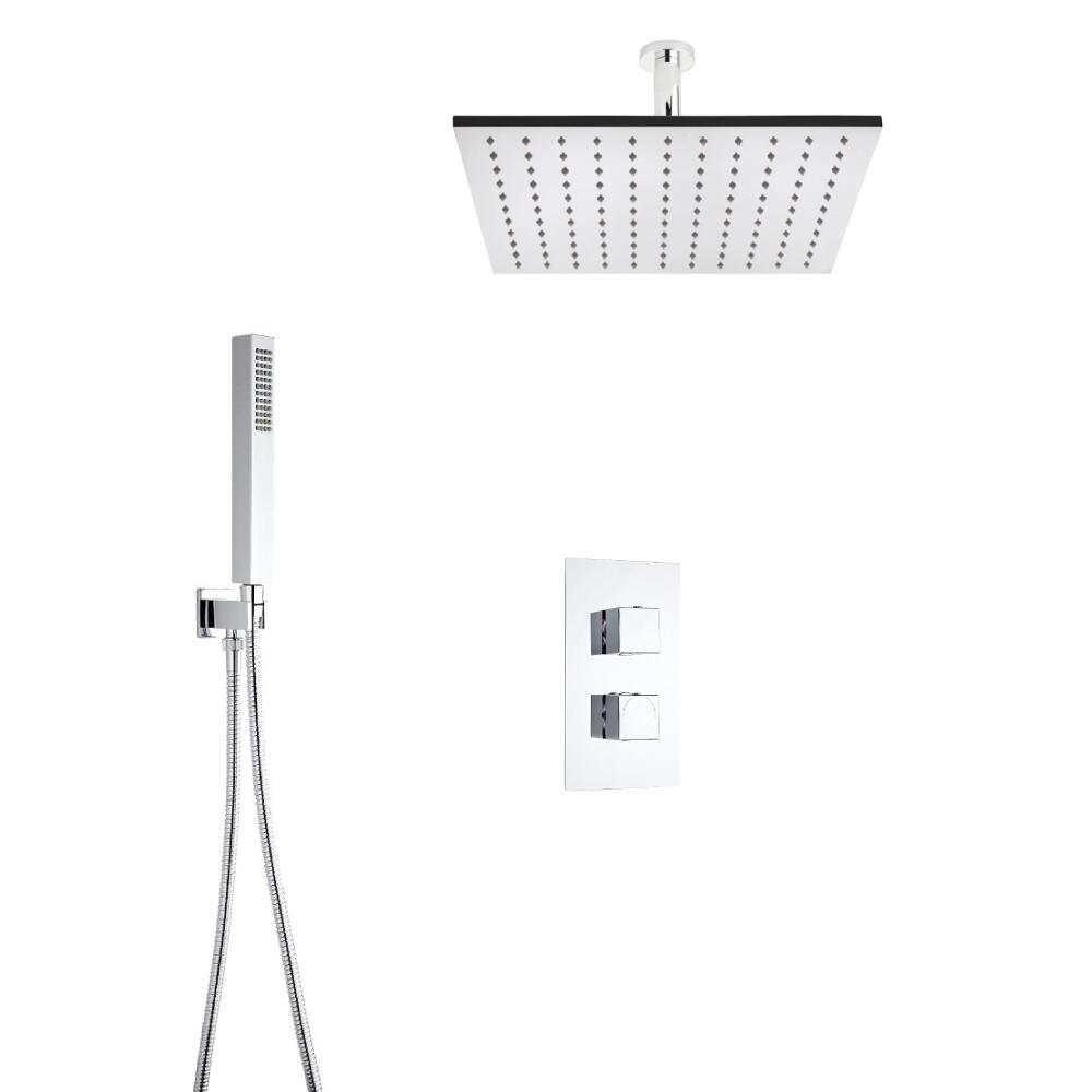 Hudson Reed vierkante 2 weg thermostatische douchekraan met richtklep 400mm douchekop, plafondbevestig en handdouche