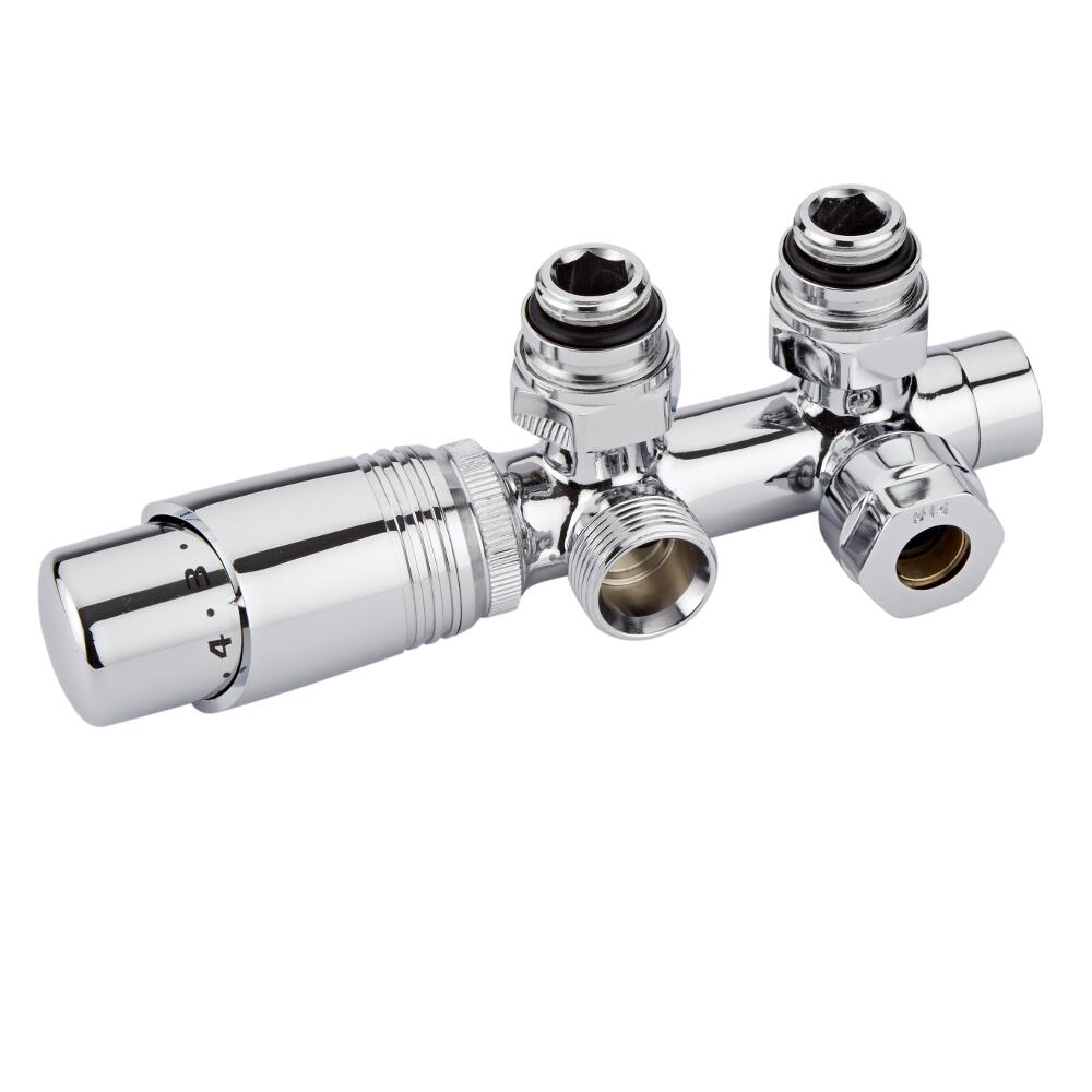 H-Blok 2-pijps Thermostatische Radiatorkraan Haaks 3/4'' Mannelijk Chroom met Keuze uit Adapter