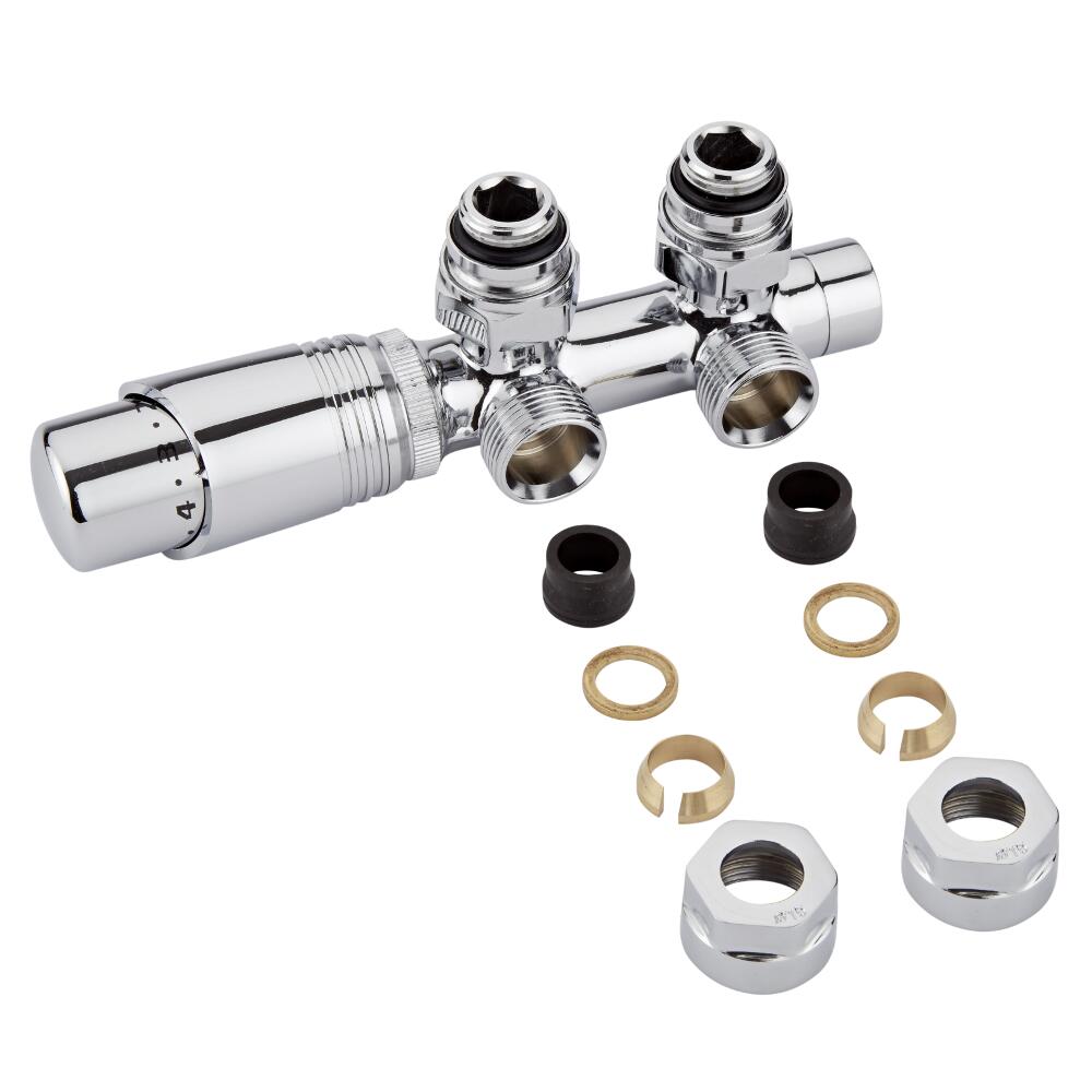 H-Blok 2-pijps Thermostatische Radiatorkraan Haaks 3/4'' Mannelijk Chroom 15mm Koperen Adapter