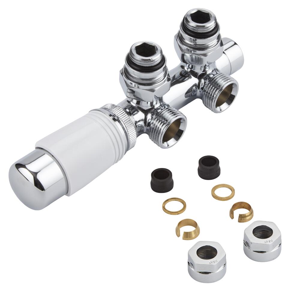 H-Blok 2-pijps Thermostatische Radiatorkraan Haaks 3/4'' Mannelijk Chroom/Wit 15mm Koperen Adapter