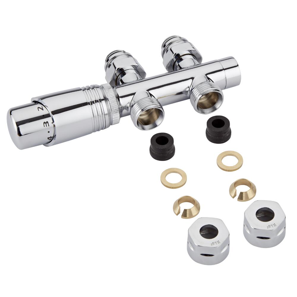 H-Blok 2-pijps Thermostatische Radiatorkraan Recht 3/4'' Mannelijk Chroom12mm Koperen Adapter