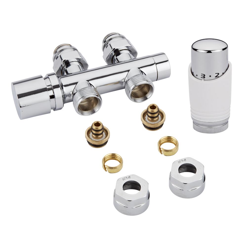 H-Blok 2-pijps Thermostatische Radiatorkraan Recht 3/4'' Mannelijk Wit 14mm Meerlagenbuis Adapter