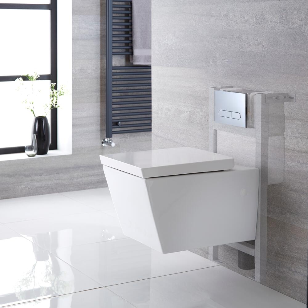 Halwell Hangend Keramiek Toilet Vierkant incl Inbouwreservoir (Small) en Keuze Spoelknop