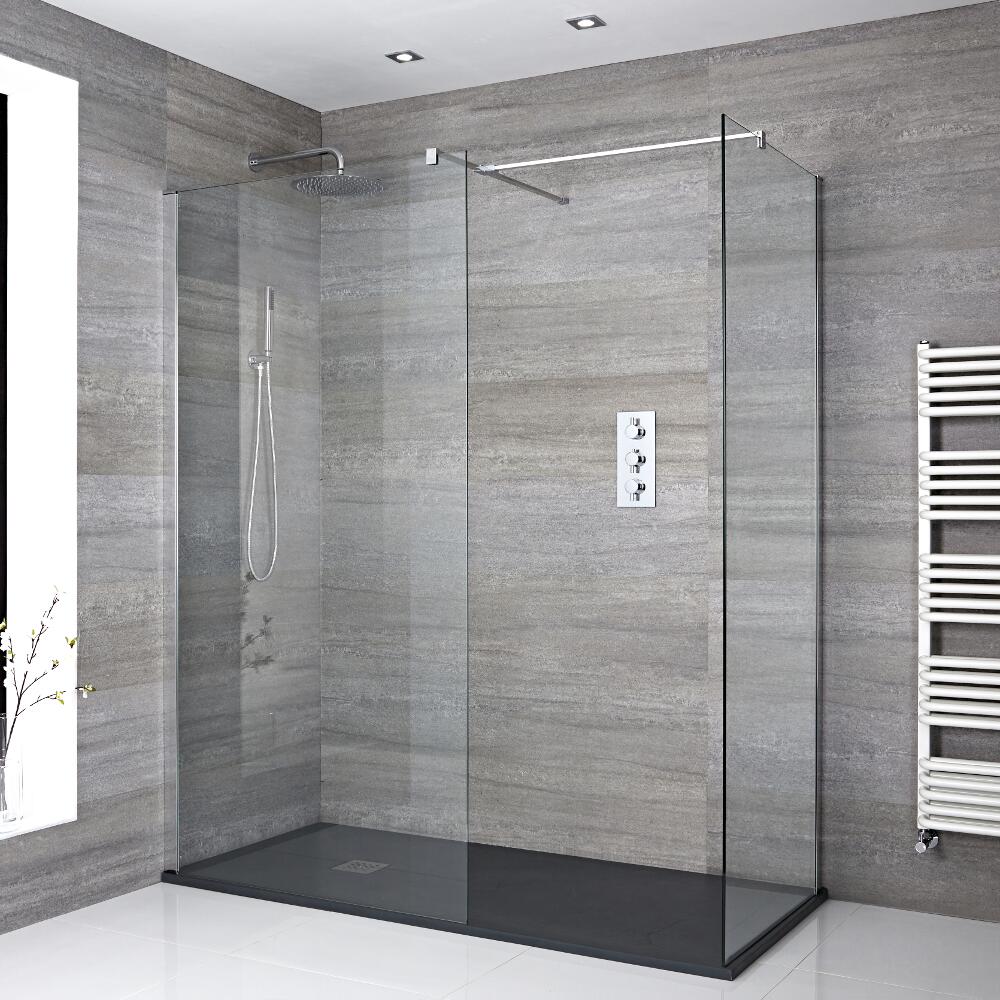 2-delig Inloopdouche Chroom Stabilisatiestang & T-stuk Kunststenen Douchebak 140 x 90cm