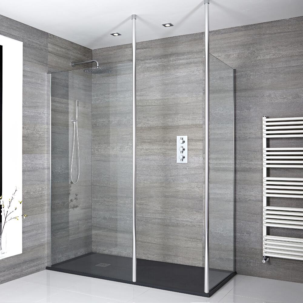 2 - delige Inloopdouche Combi Chroom Bevestigingspaal & Kunststenen Douchebak 170 x 80cm