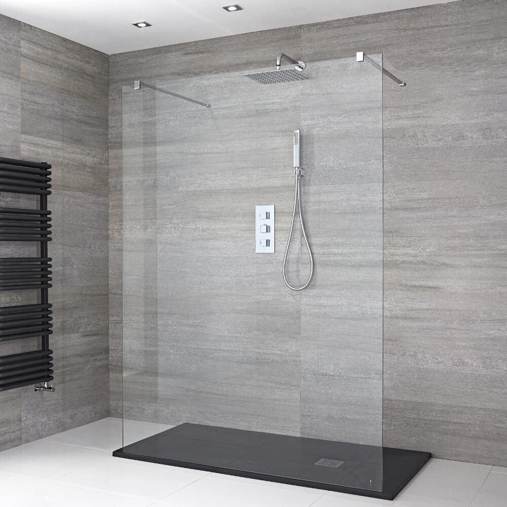 Douchewand met 2 Stabilisatiestangen Chroom & Kunststenen Douchebak 120 x 90cm