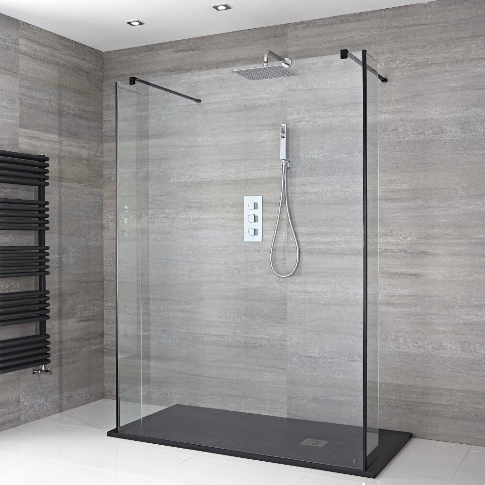 3-delige Inloopdouche Combi 2 Stabilisatiestangen Zwart & Kunststenen Douchebak 120 x 80cm