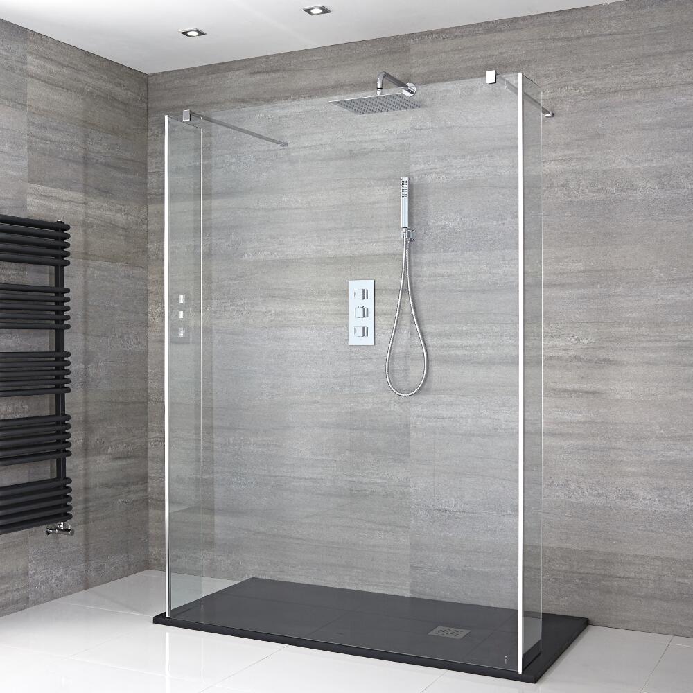 3-delige Inloopdouche Combi 2 Stabilisatiestangen Chroom & Kunststenen Douchebak 120 x 80cm