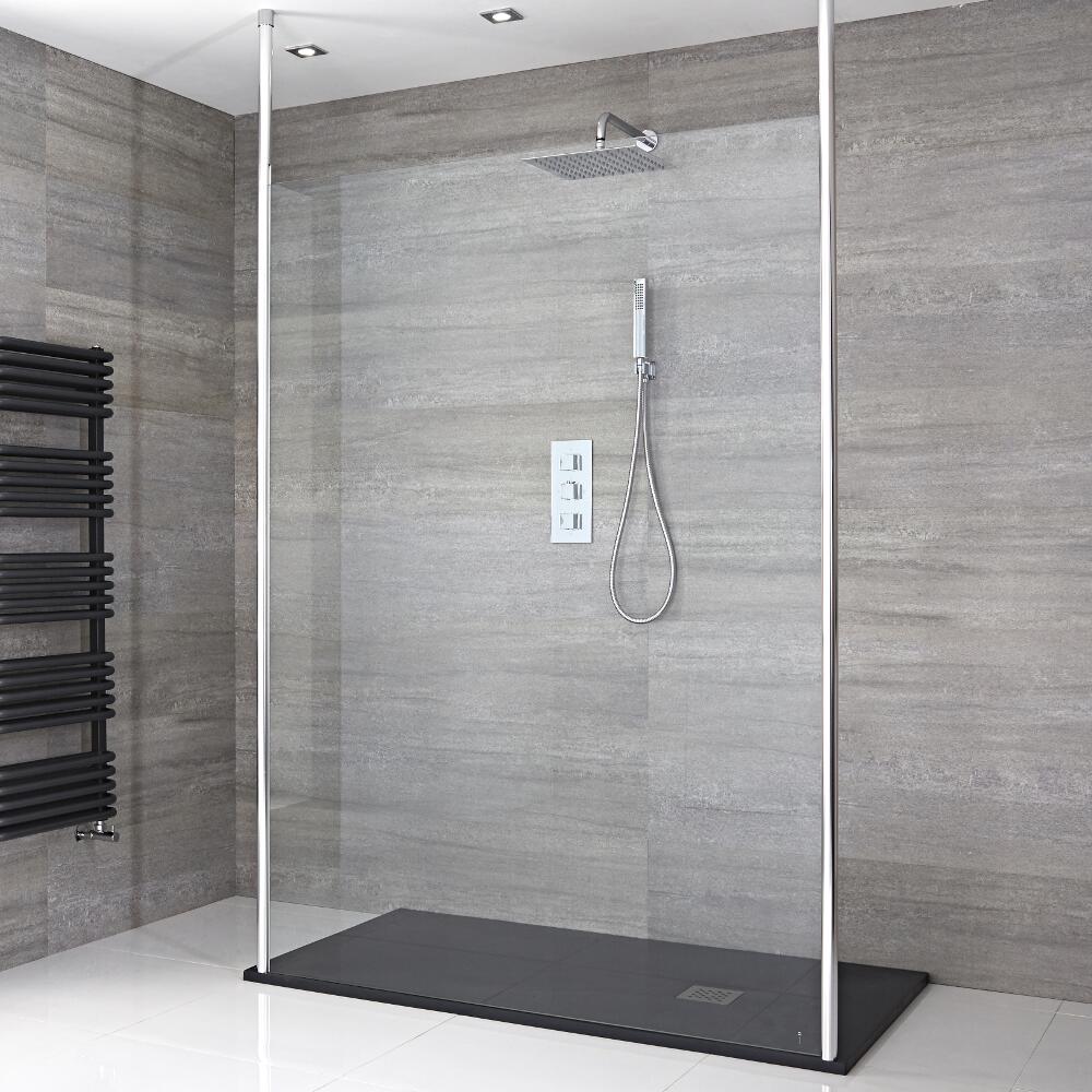 Douchewand 195 x 120cm Bevestigingspaal x 2 Chroom en Pearlstone Douchebak 120 x 90cm