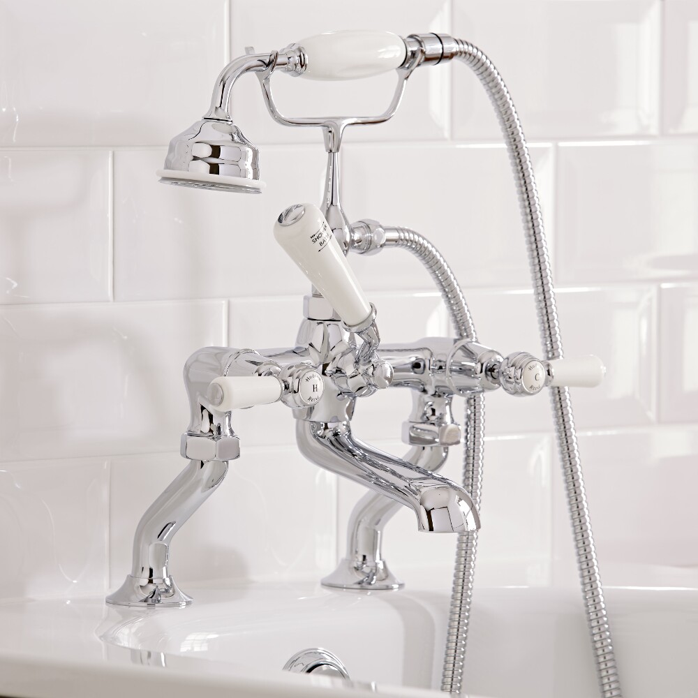 Topaz Klassieke Badmengkraan Met Badvuller en Handdouche - Steel Handvaten